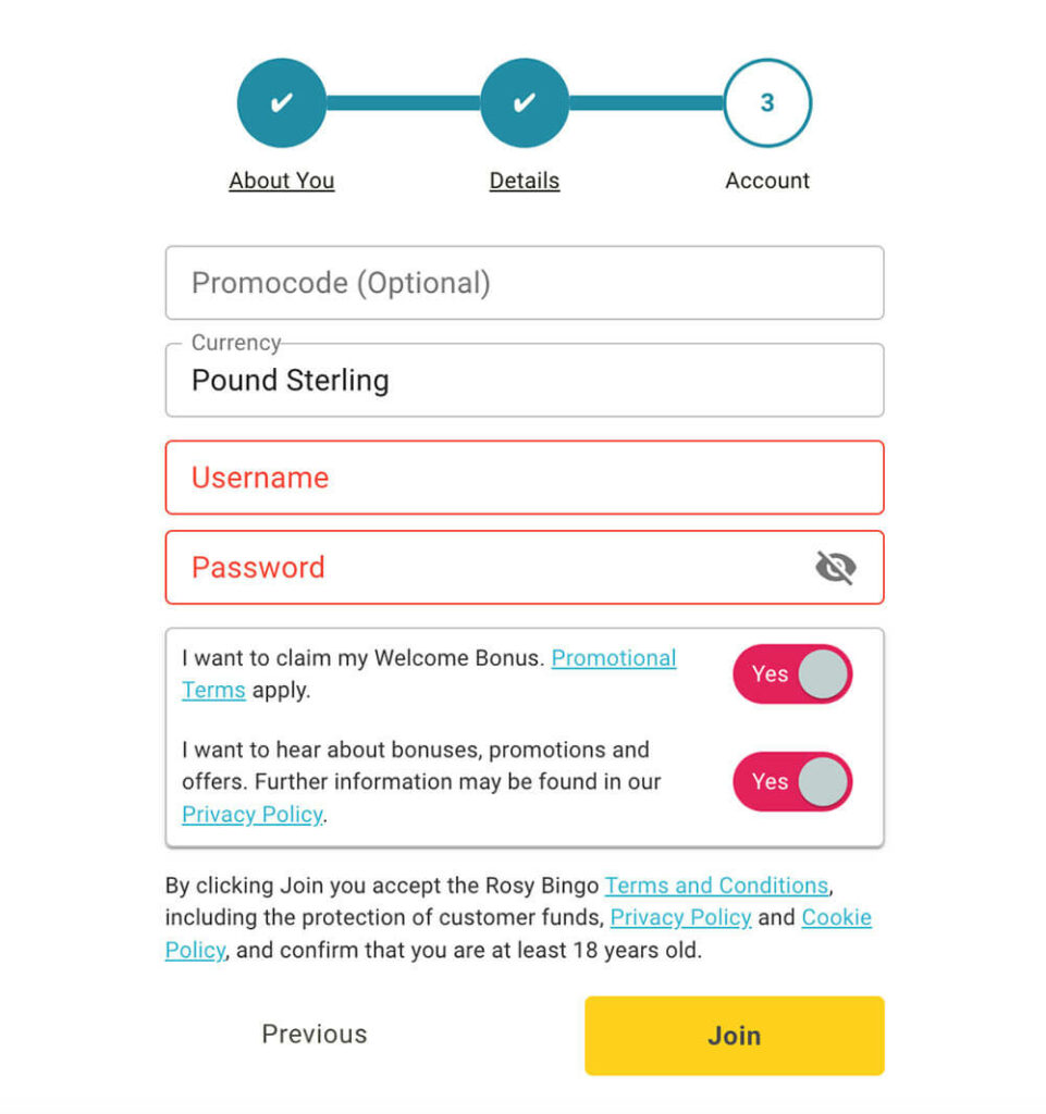 rosy bingo registration
