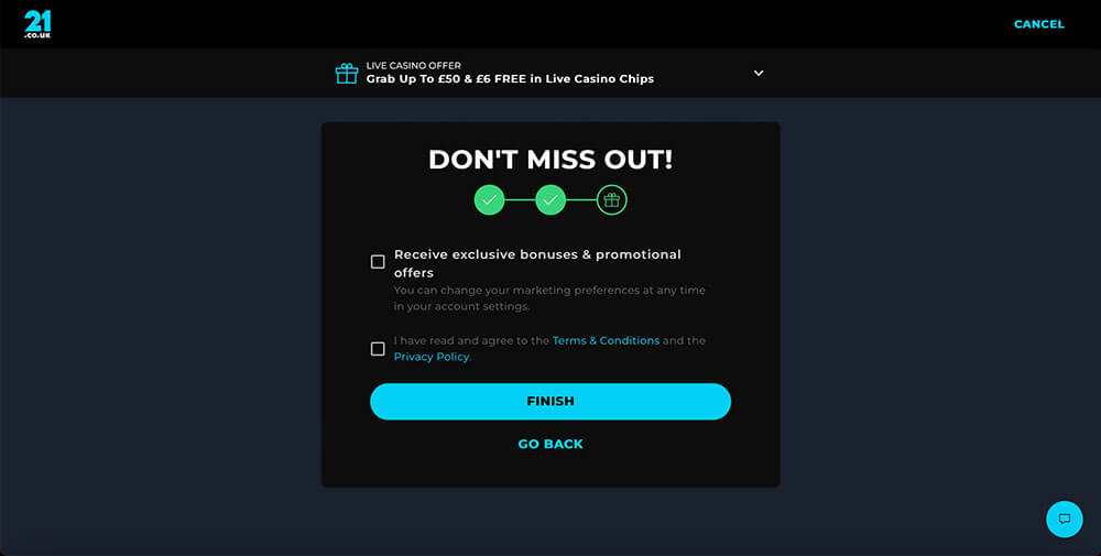 21.co.uk Casino registration bonus