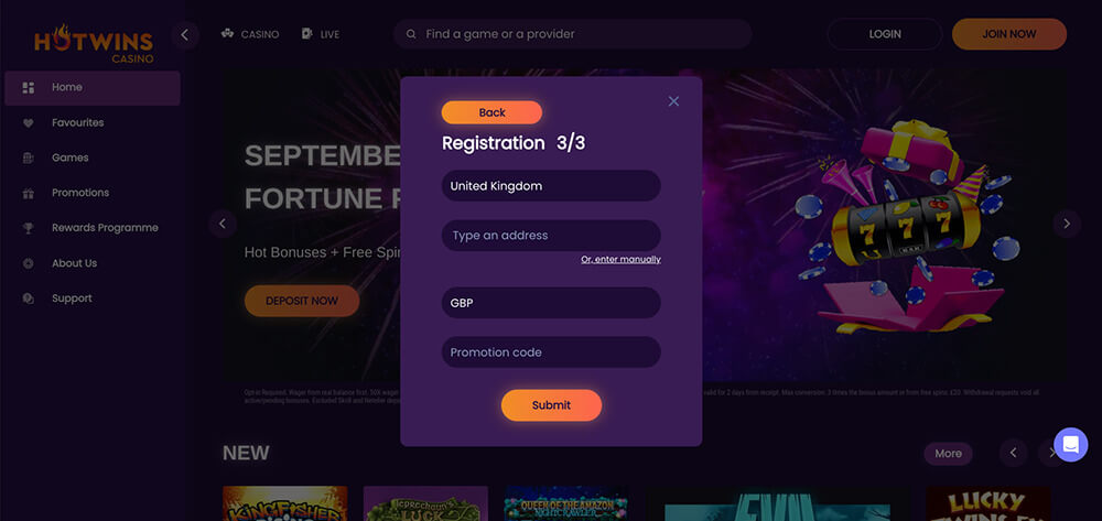 HotWins Casino Registration