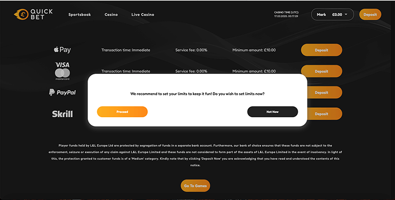QuickBet casino Registration