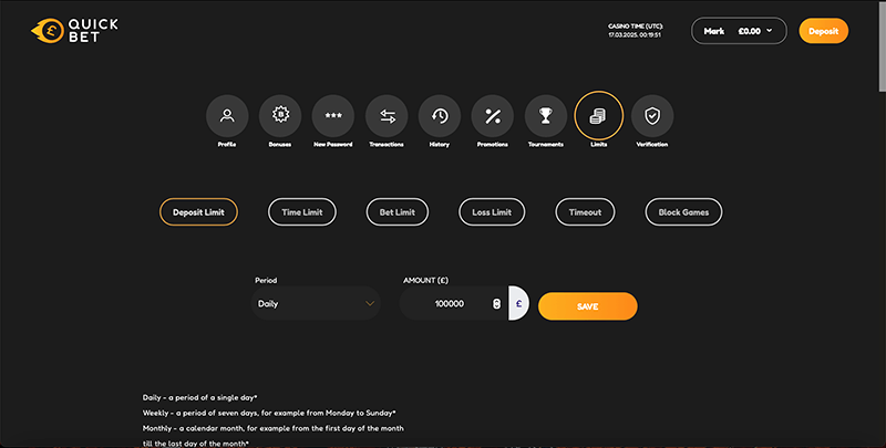 QuickBet casino Registration