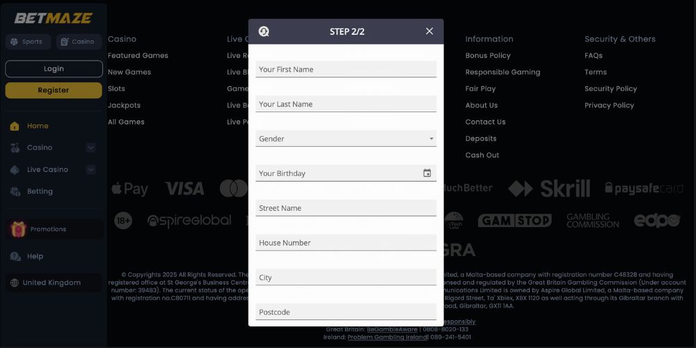 BetMaze Registration